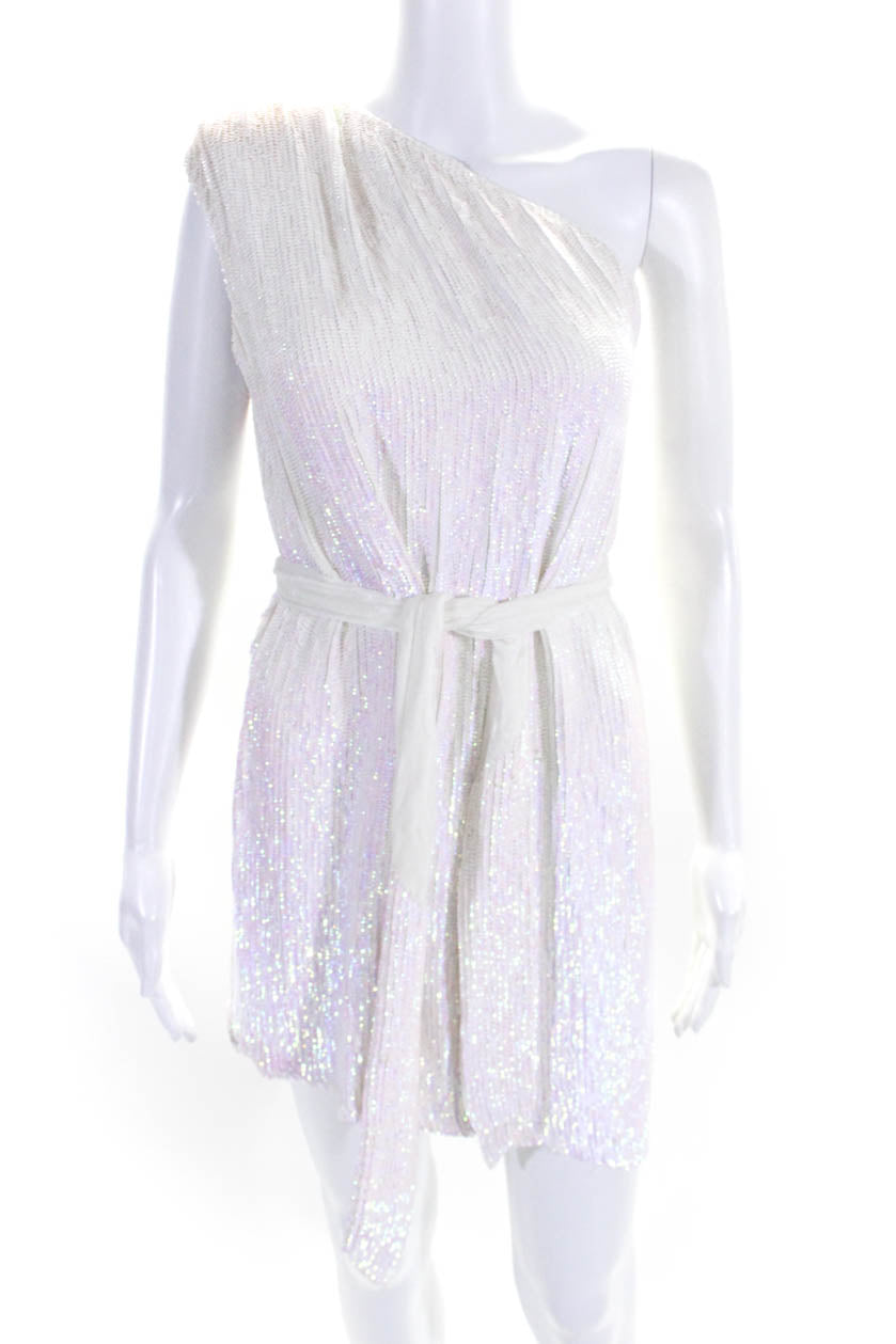 Retrofete Damen Iridescent Pailletten eine Schulter Belted Zip Kleid Weiß