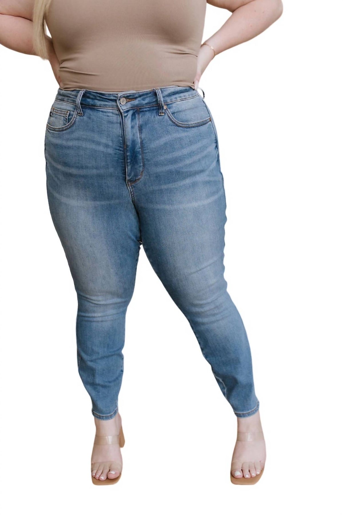 Hoher Bund Control Top Shield Tasche Skinny Jeans in mittlerer Waschung