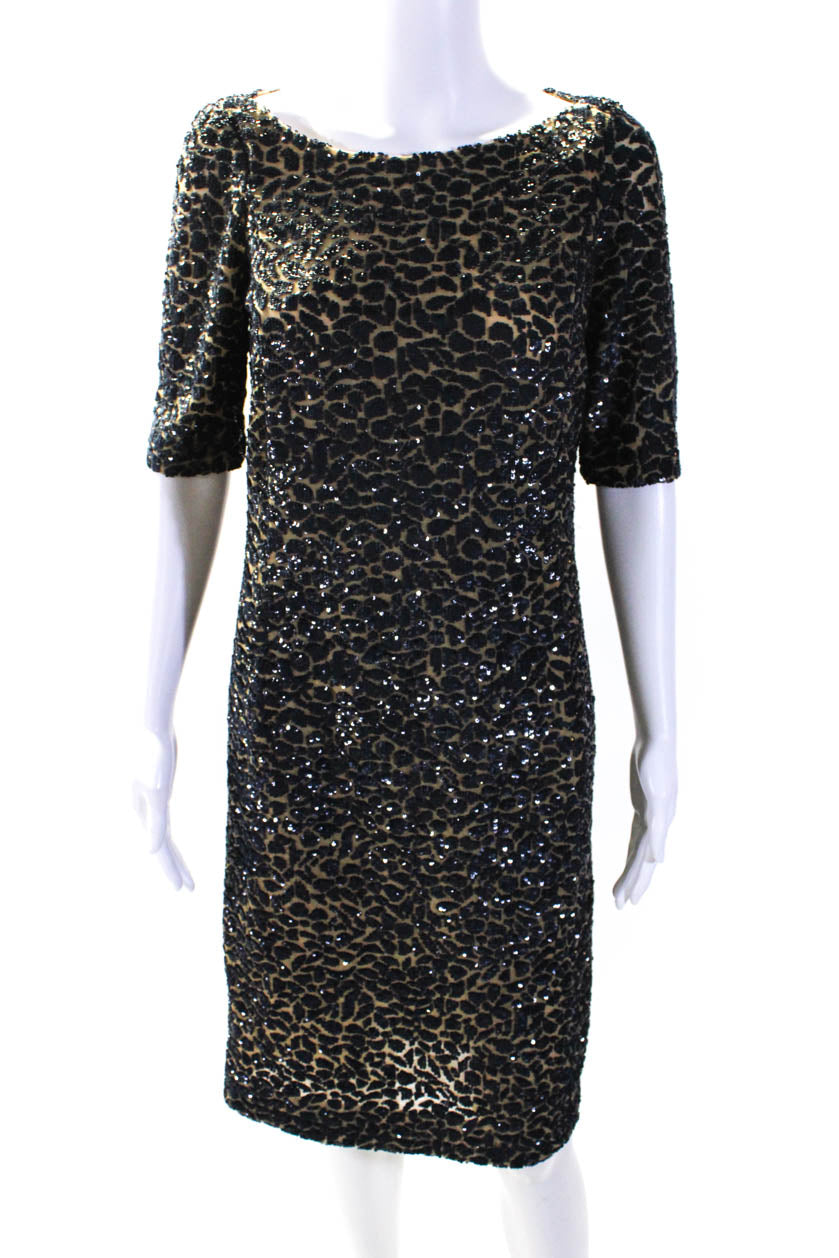 Michael Kors Kollektion Damen Kurzarm Mesh Pailletten Kleid Braun Dunkelblau