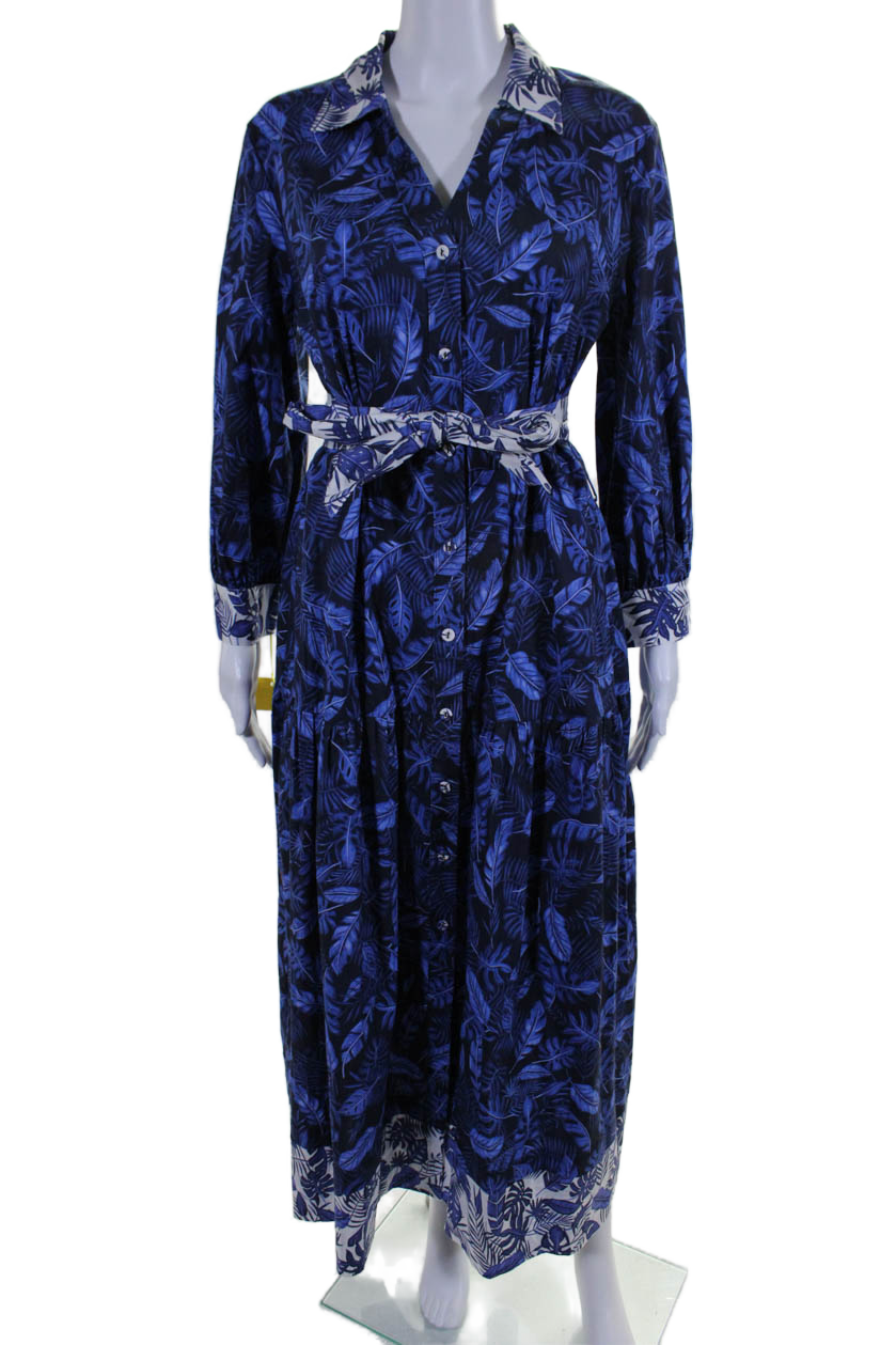 Purotattto Damen mit Blumenmuster geknöpft Kragen abgestufte Belted Kleid blau