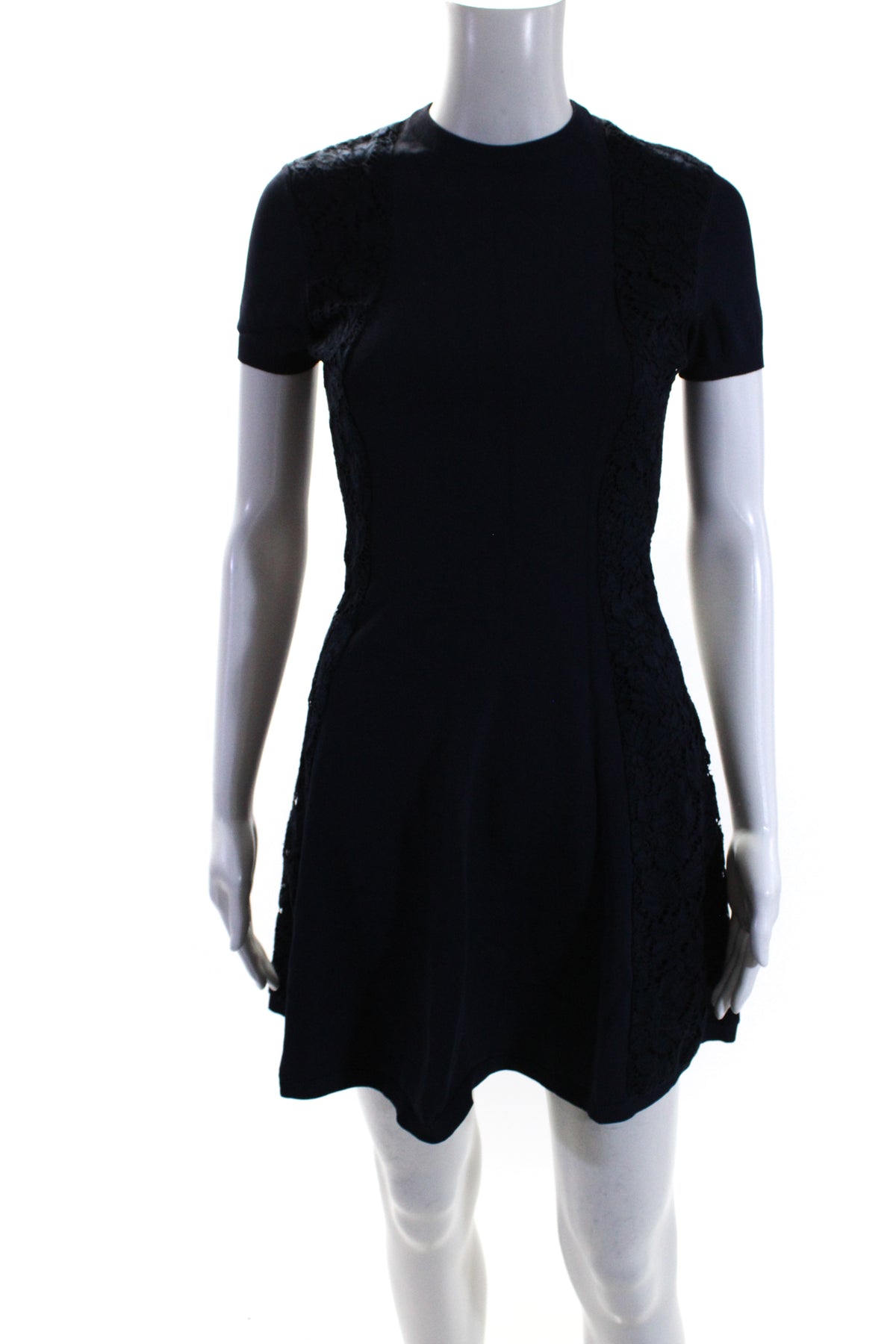 Valentino Damen Marineblau Spitze Besatz Kurzarm Fit & Flare Kleid