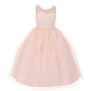 RainKids Junior-Brautjungfernkleid für große Mädchen, Altrosa, Illusionsperle, Strass, Größe 8–12