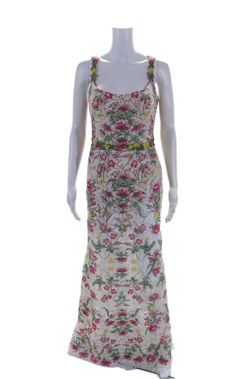 Marchesa Notte Damen weiß Blumen Spitze weiter Rundhalsausschnitt ärmelloses Kleid Kleid