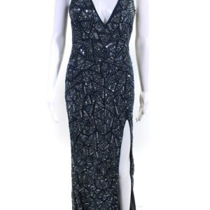 Mac Duggal Damen blau Perlen Pailletten V-Ausschnitt Reißverschluss hinten Schlitze Kleid Kleid 7833428918332