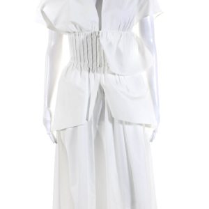 Fendi Damen Kragen ärmellose Rüschen Maxikleid weiß 7833457983548