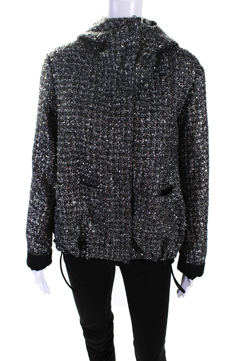Lis Lareida Damen Disco Metallic Kapuzen Platin Tweed Zip Jacke Silber FR 36
