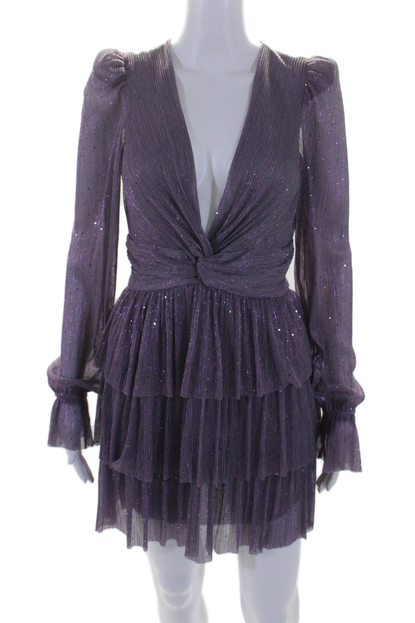 Sabina Mussayev Damen Glittery Lila Plissee Gürtel Langarm Shift Kleid