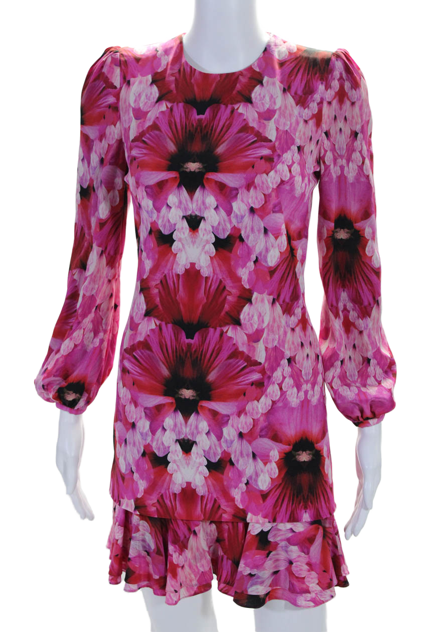 Alexander McQueen Damen Seide mit Blumenmuster mit Reißverschluss Rüschen Peplum Kleid Rosa