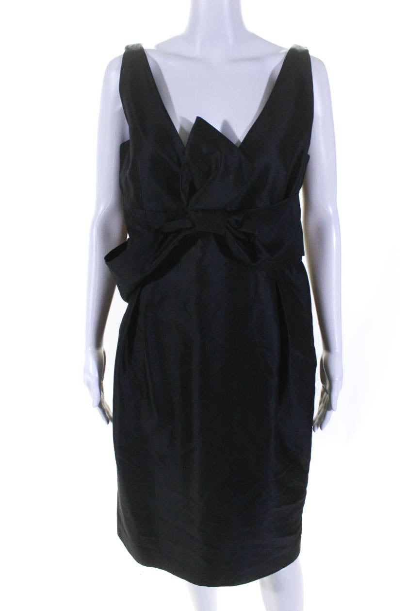 Kiton Damen V-Ausschnitt Bow Taille ärmelloses Kleid Schwarz Baumwollmischung