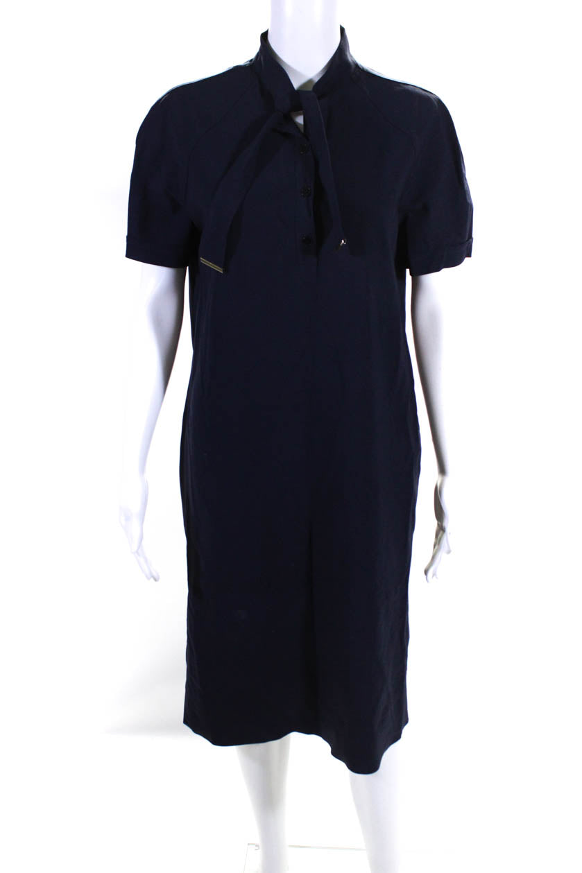 Fendi Damen Kragen halb geknöpft Kurzarm Midi Kleid Dunkelblau