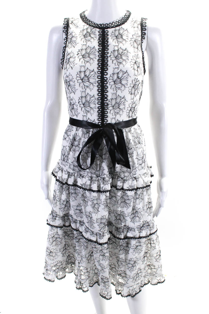Monique Lhuillier Damen ärmellose Spitze Besatz Tiered mit Blumenmuster Midi Kleid