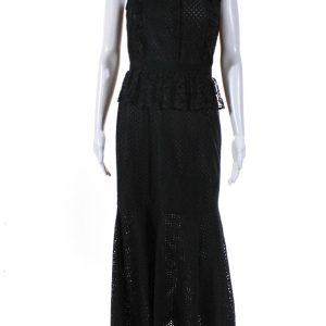Erdem Damen Seite Reißverschluss Ärmellos Rüschen Spitze Schlüsselloch langes Kleid schwarz 7833429114940