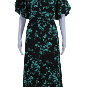 Shoshanna Damen Blumendruck V-Ausschnitt Kurzarm Reißverschluss bis Maxikleid schwarz 7833439076412