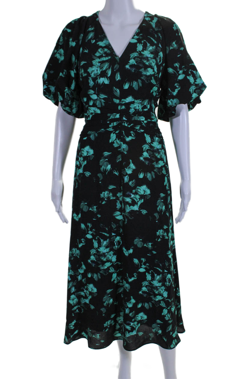 Shoshanna Damen Blumenmuster V-Ausschnitt Kurzarm Zip Up Maxi Kleid Schwarz