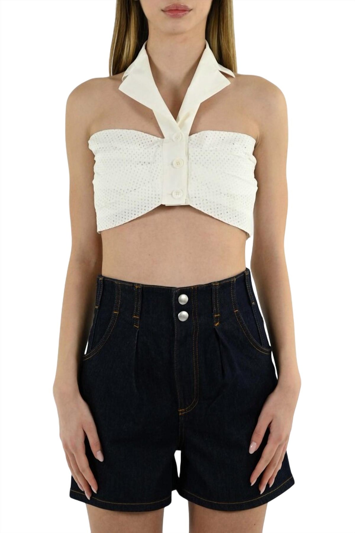 Drapiertes Crop Top aus Stretch-Popeline in Weiß