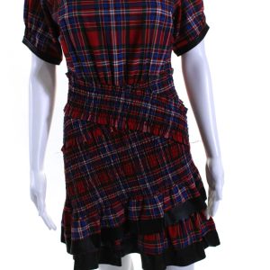 Tanya Taylor Damen asymmetrisch gesmockt Plaid Mantel Kleid rot blau grün 7833492488252