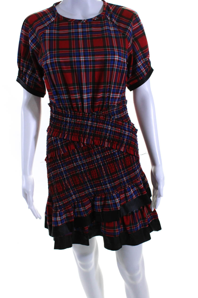 Tanya Taylor Damen asymmetrisch Smocked kariert Mantel Kleid Rot Blau Grün