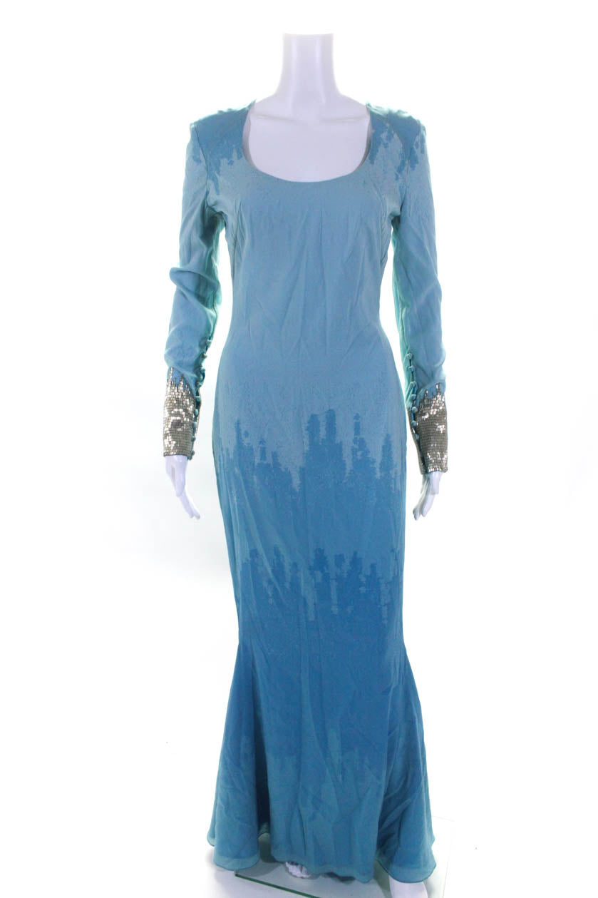 Gomez Gracia Damen blaue Seide Perlen weiter Rundhalsausschnitt Zip zurück Ombre Kleid