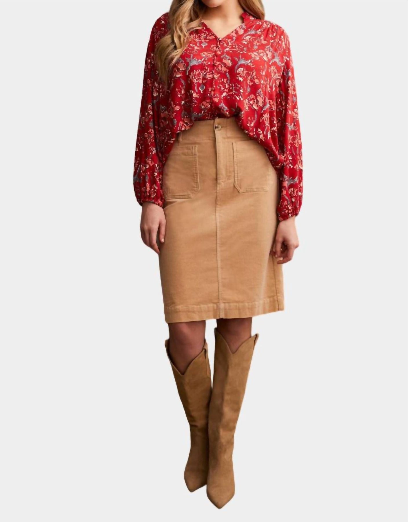 Jacquard Challis Knopf bis Bluse in Scarlet