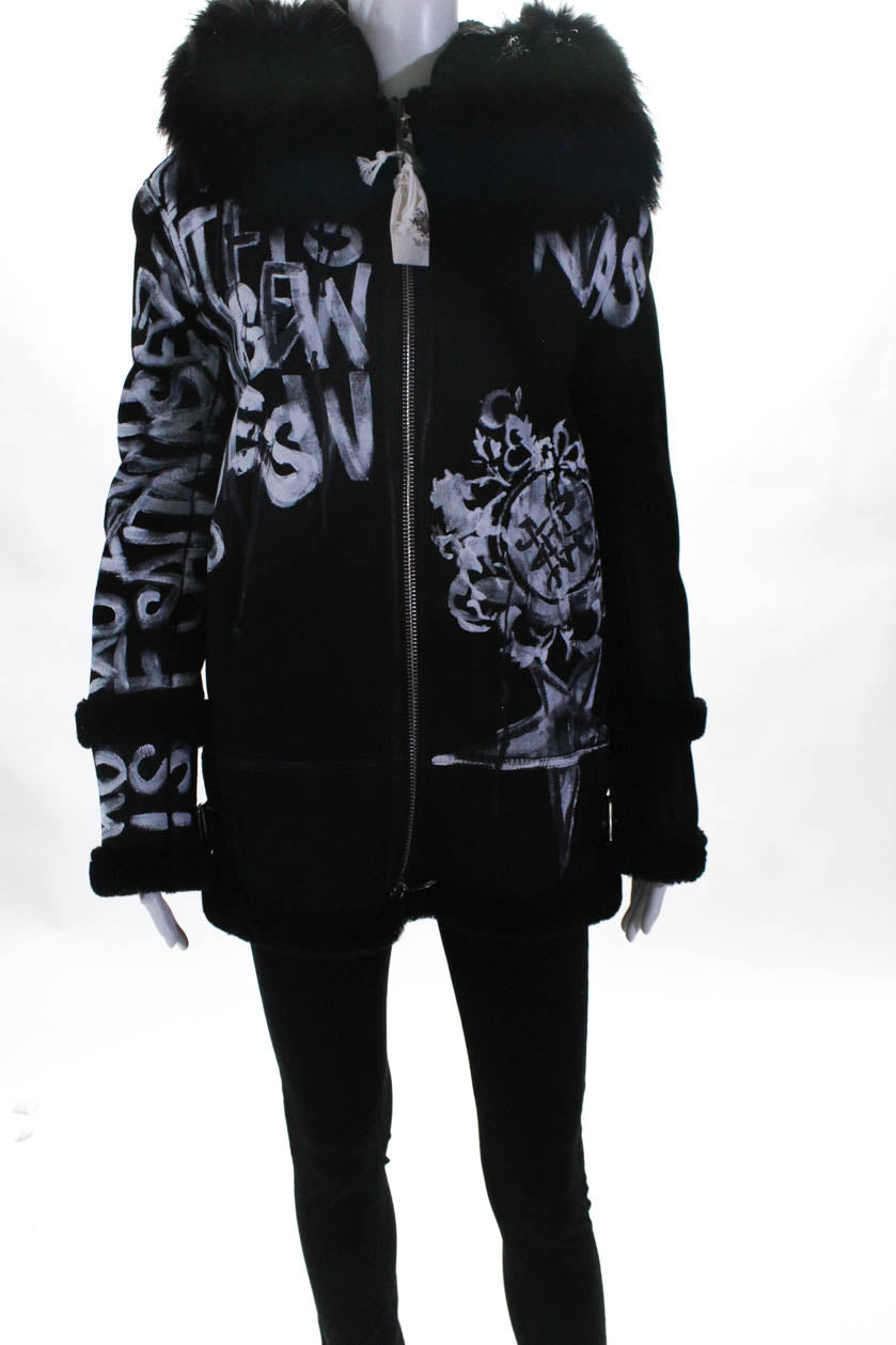 Herr & Frau Italien Damen Shearling Racoon Pelzkragen gemalt Jacke Schwarz