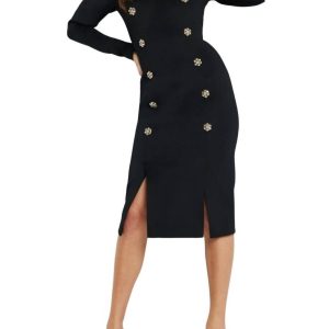 Off- Shoulder Fitted Kleid in Schwarz/Ude – 7833589350460