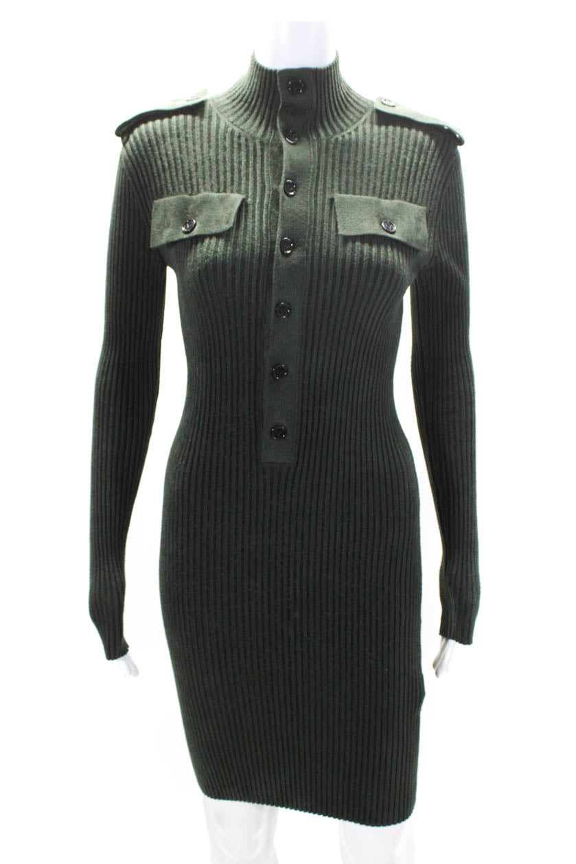 Bottega Veneta Damen Langarm gerippt Strickpullover Kleid Grün