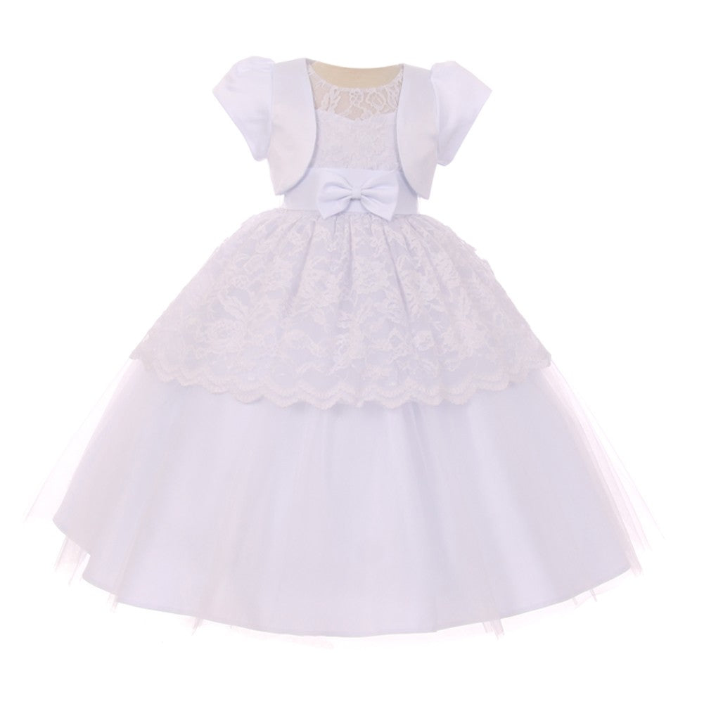 Kleine Mädchen weiß Satin Gürtel Bow Bolero Blumenmädchen Kleid 2-6