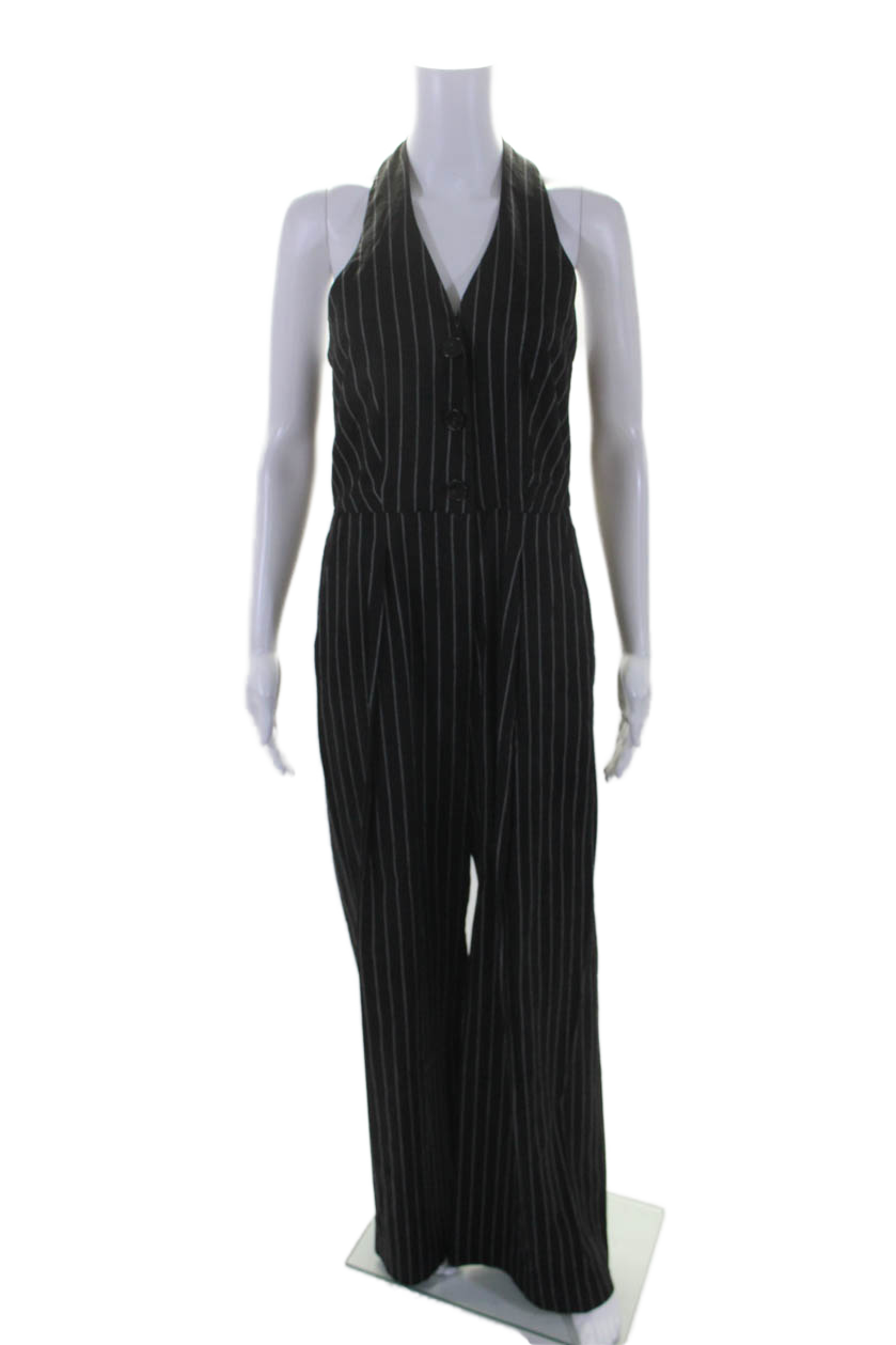 Marella Damen Leinen gestreift ärmellos geknöpft gerade Jumpsuit Schwarz