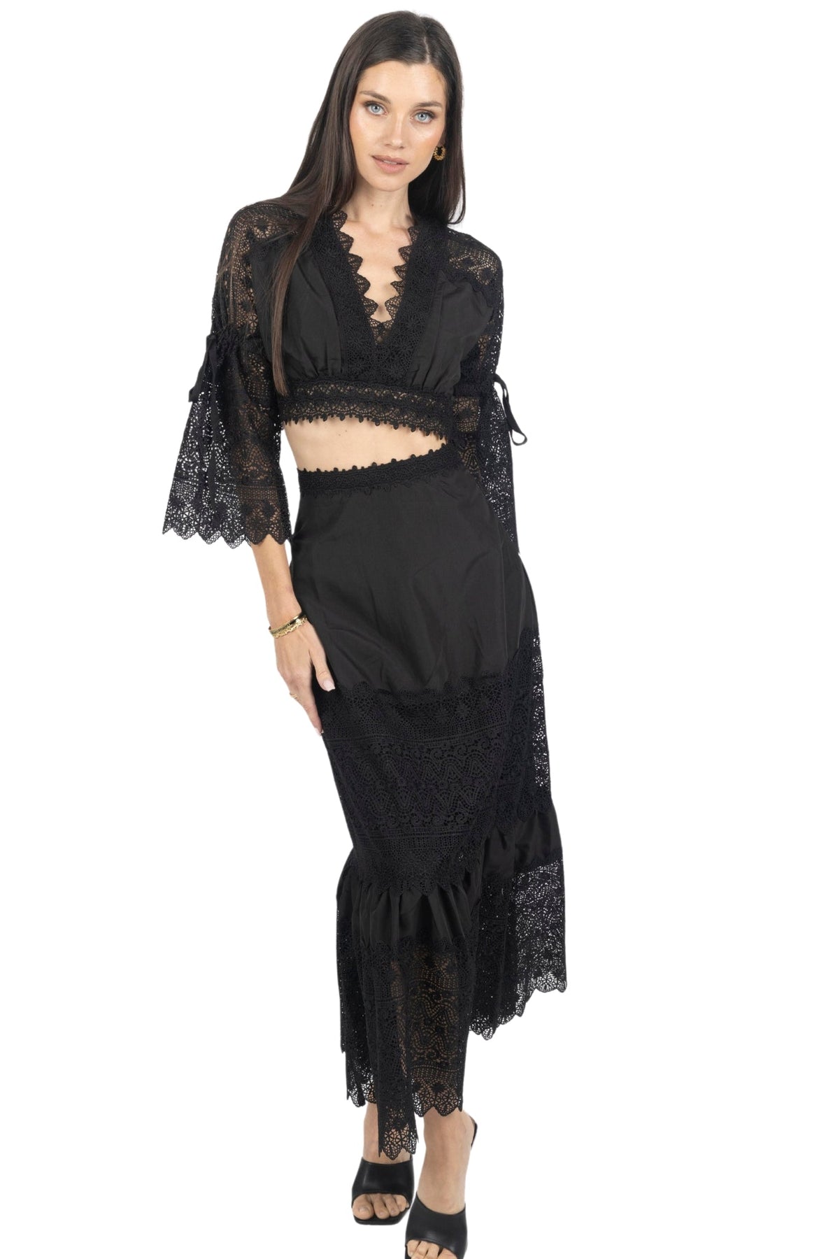 Emily Guipure Spitze Top & Maxi Rock Set in schwarz