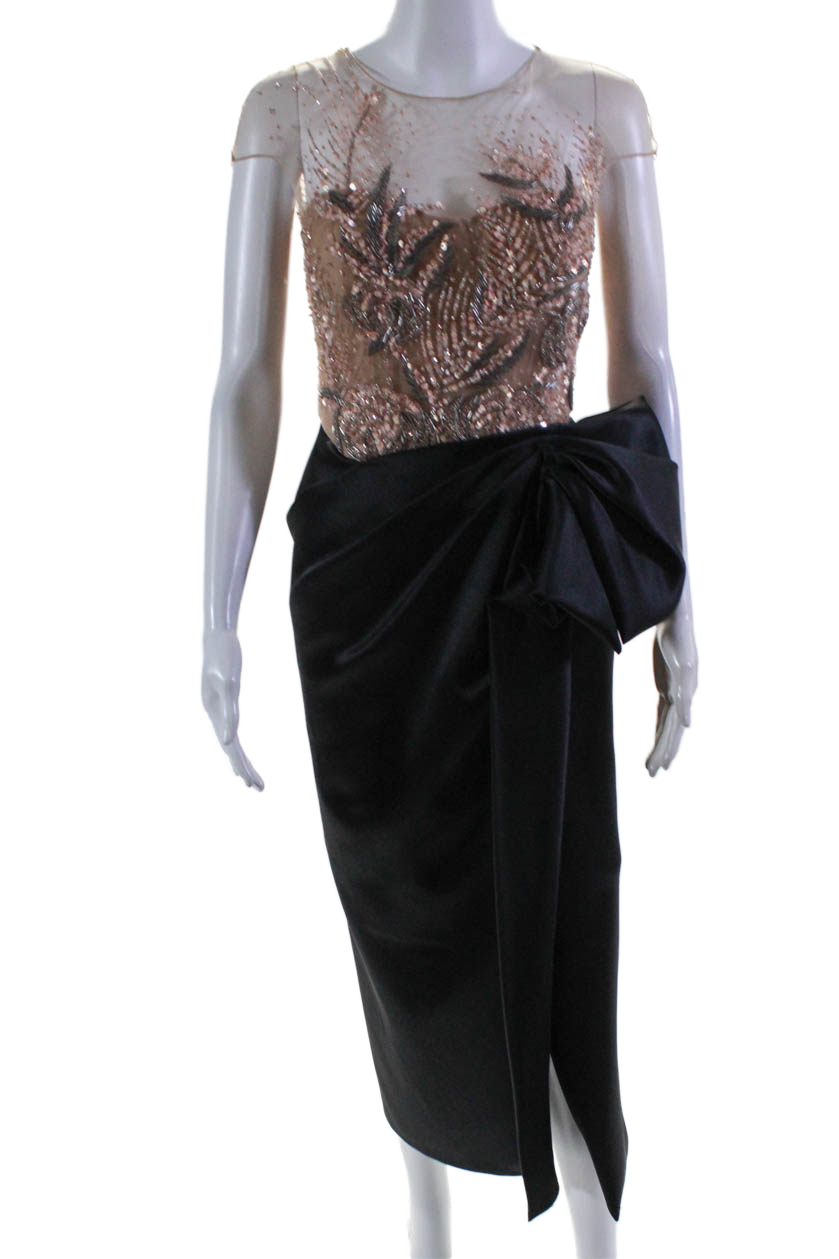 Marchesa Damen Rosa Schwarz Perlen Kappe Ärmel Drape Detail Kleid
