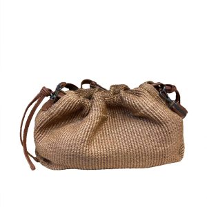 Brunello Cucinelli Damen-Umhängetasche aus Stroh in Farro mit Lederperlen-Verzierungsfutter