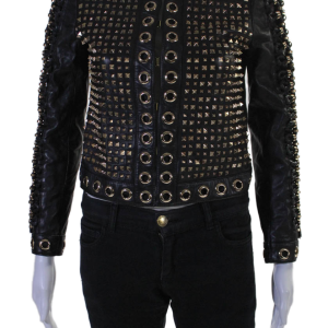 Alice + Olivia Damen Haken vorne geflochtene verzierte Grommet Lederjacke schwarz XS