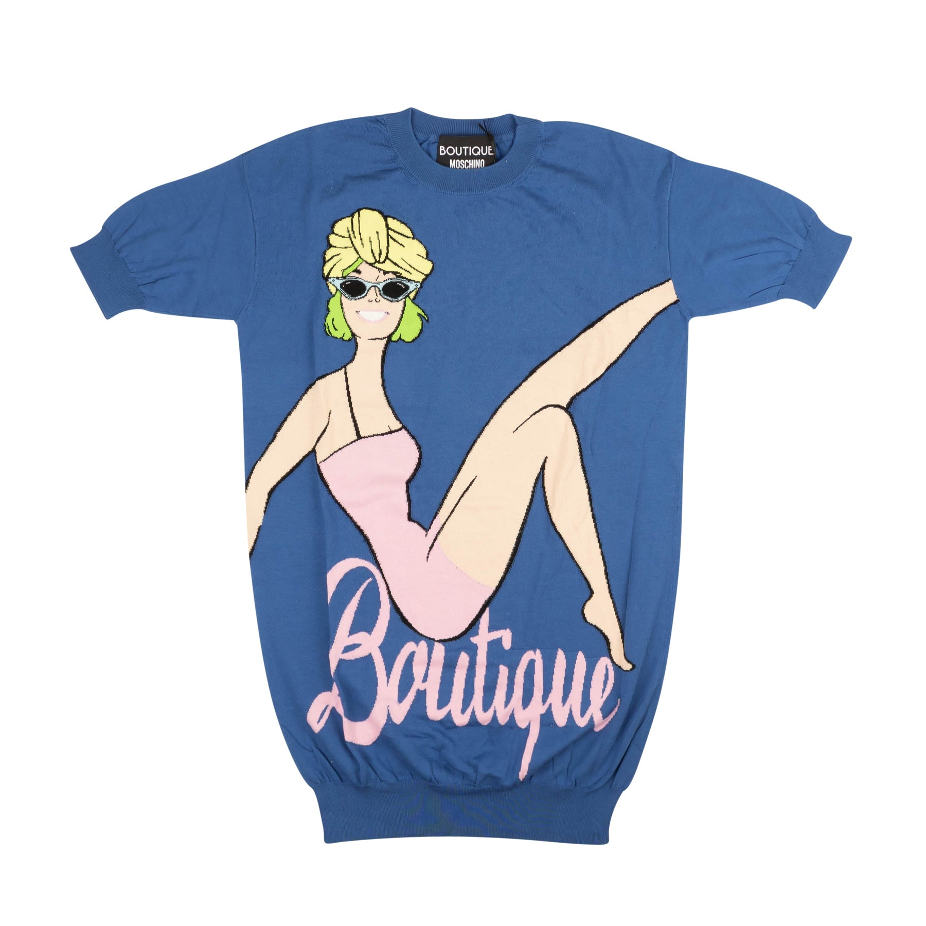 NWT BOUTIQUE MOSCHINO blaue Kurzarm Strick Mini Pullover Kleid