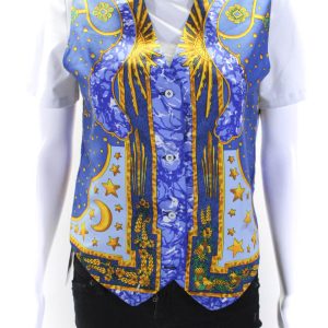 Hermes Damen blau gold Seide Grafik Druck vier Knopf Weste Jacke – 7833597476924