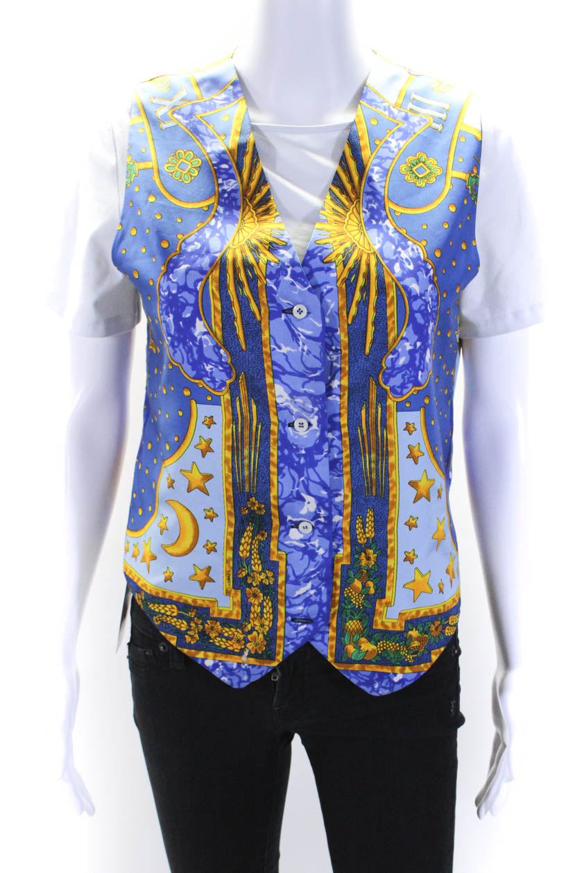 Hermes Damen Blau Gold Seide Grafik Muster Vier Knopf Weste Jacke