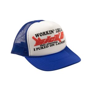 blau und weiß arbeiten wie ein kranker Trucker Hut