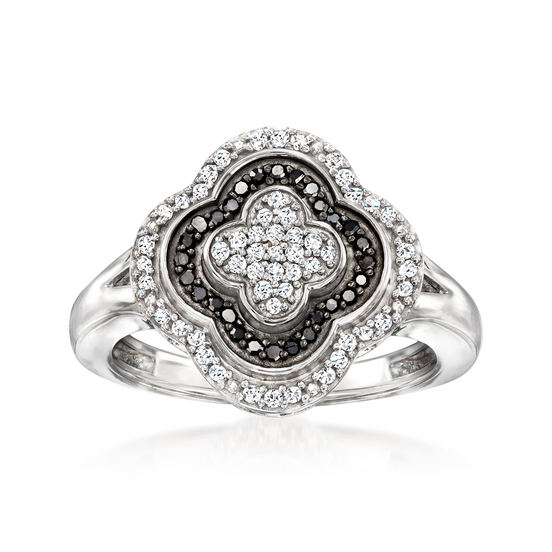 Ross-Simons Schwarzer und weißer Diamant Clover Ring in Sterling Silber