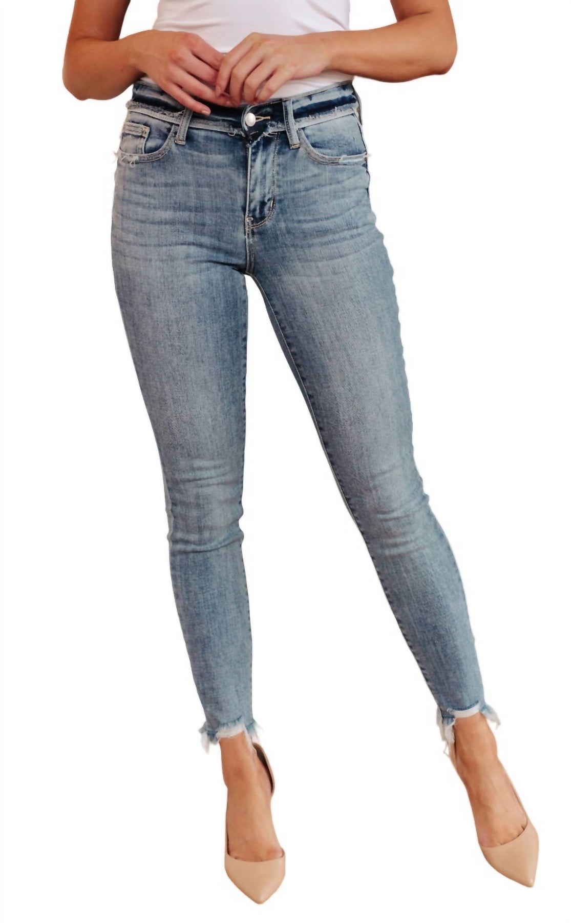 Mittlerer Bund Release Bund Detail Skinny Jeans in mittlerer Waschung