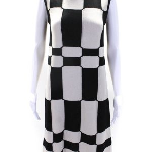 „S Max Mara Damen Beige Schwarz Checker Rundhalsausschnitt ärmelloses Tankkleid