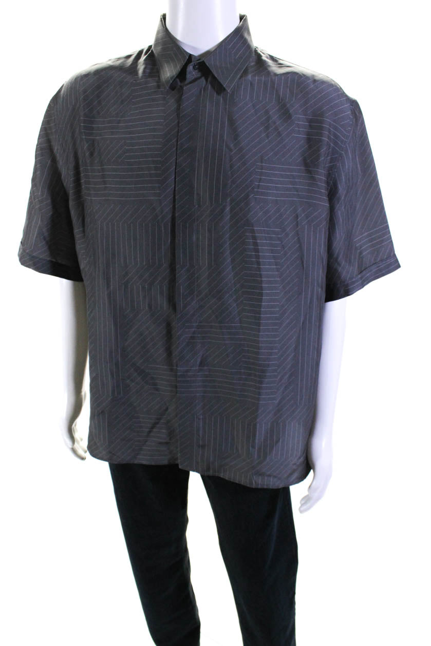 Fendi Herren Seide FF Schatten Pinstripe Kurzarm Knopf Up Hemd Grau