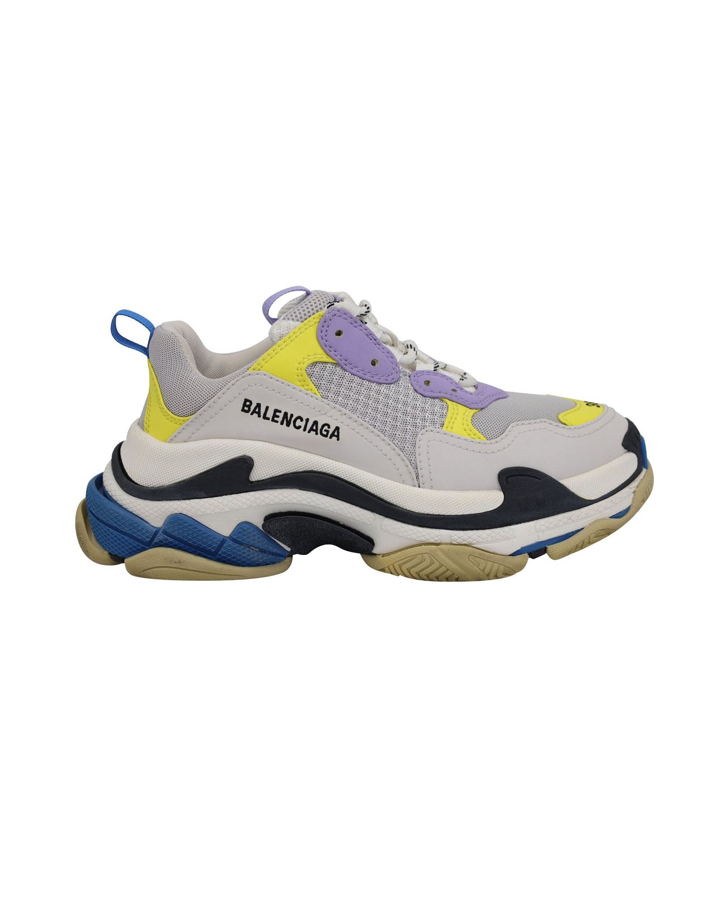 Balenciaga Triple S Sneaker in Weiß, Lila und Gelb Strick und Leder