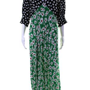 Rixo Damen Seide Patchwork Blumen Polka dot seitliche Schlitz Maxikleid grün – 7833587384380