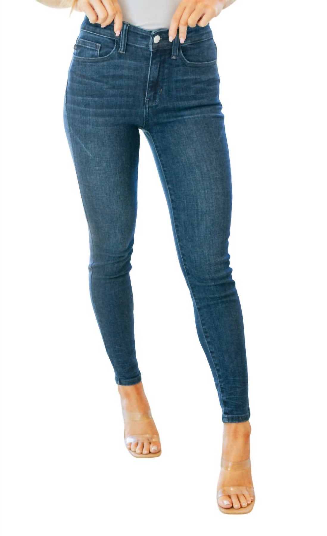 Mittlerer Bund Crinkle Skinny Jeans in dunkler Waschung