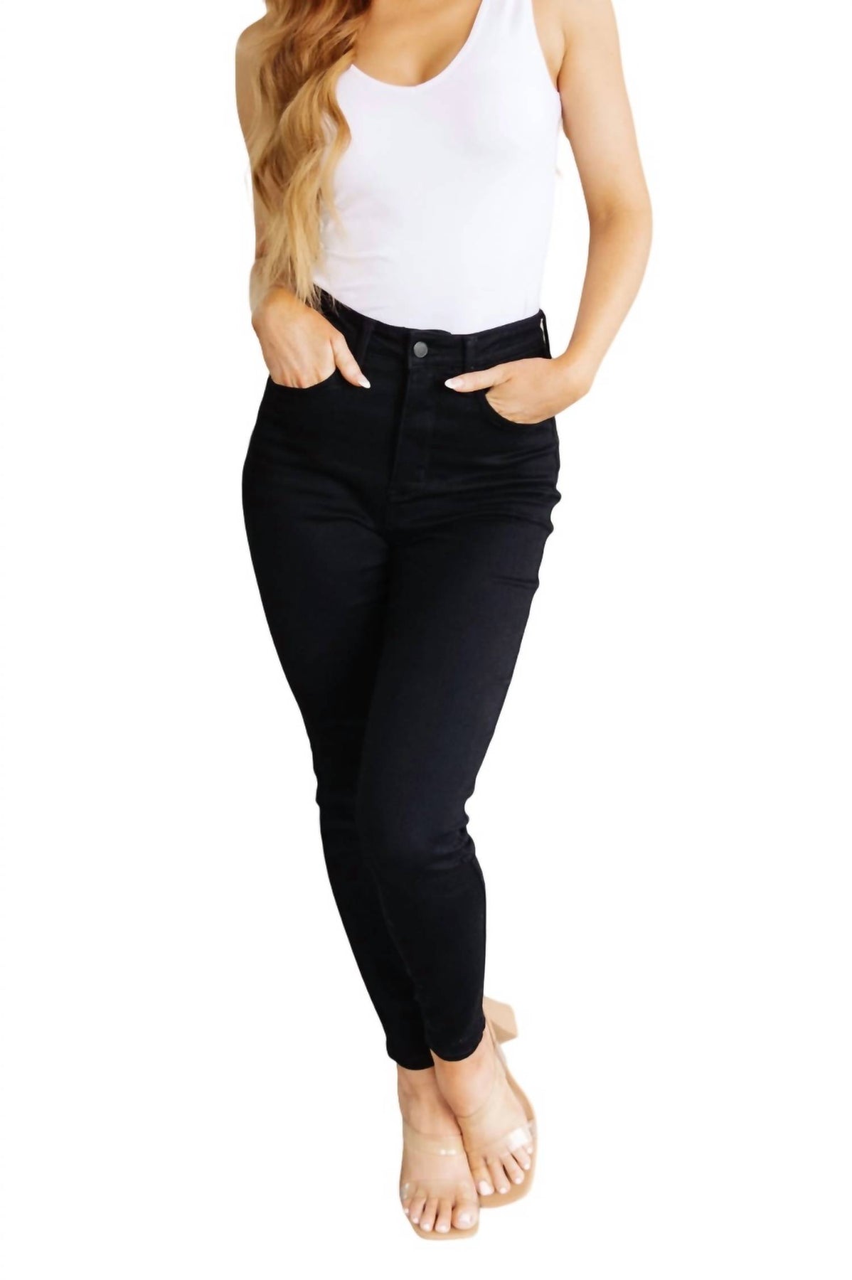 Hoher Bund Control Top Klassische Skinny Jeans in Schwarz