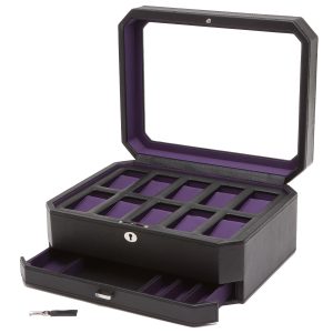Wolf 458603 Windsor 10 Stück Uhrenbox mit Schublade in Schwarz & Lila