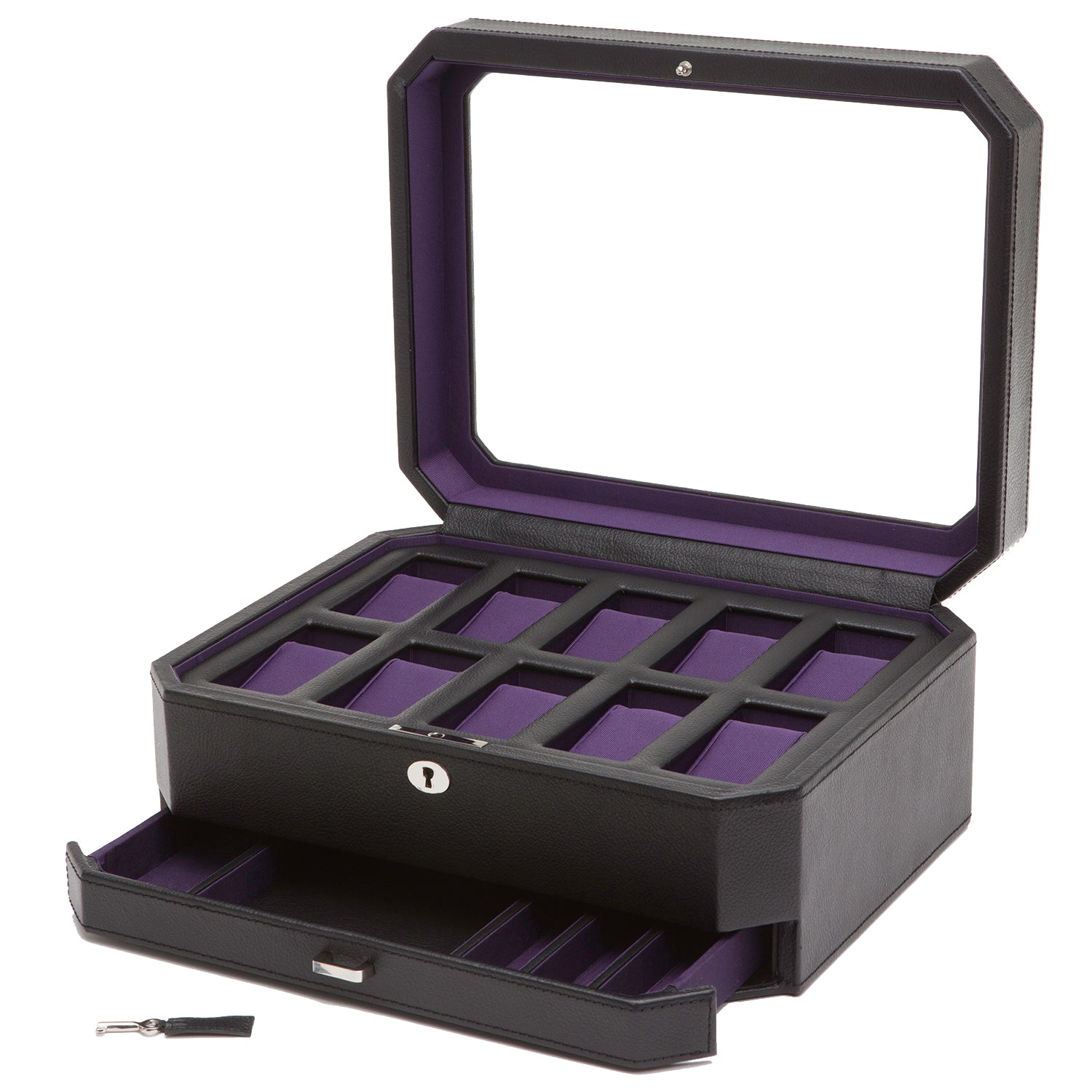 Wolf 458603 Windsor 10 Stück Uhrenbox mit Schublade in Schwarz & Lila