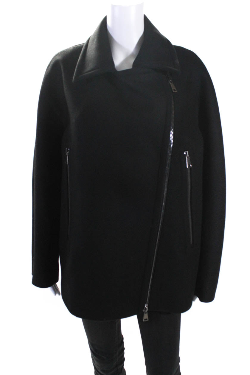 Mantu Damen Asymmetrische Compact Wolle Jacke mit durchgehendem Reißverschluss Schwarz