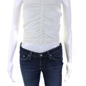 Loewe Damen eng-gestrickt gerafften trägerlosen Halfter Hals Bluse oben weiß – 7833637060668