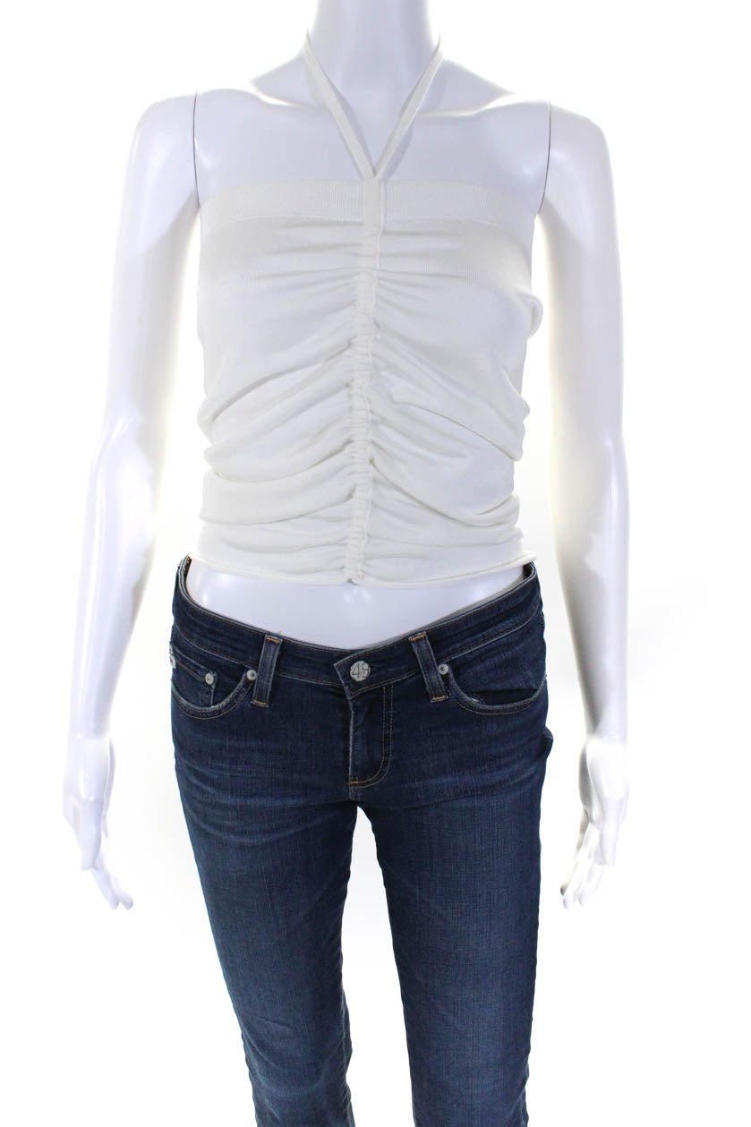 Loewe Damen Tight-Strick Rüschen Strapless Neck Bluse Top Weiß