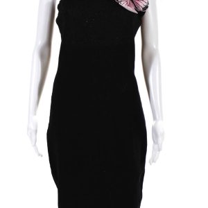 Zang Toi Damen Pailletten Perlen Schmetterling Strick One Shoulder Kleid Schwarz